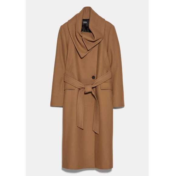 Zara Camel Wool Coat with Wrap Collar - Picture 7 of 10